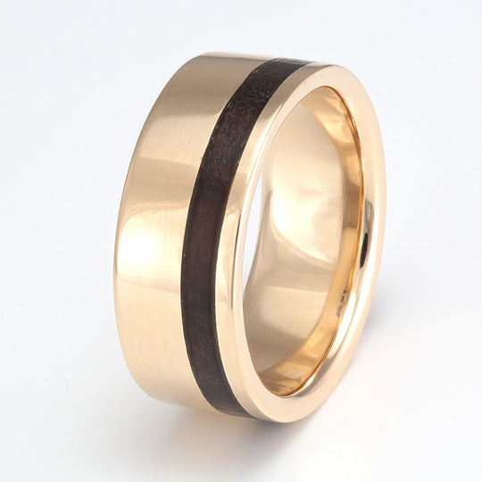 9ct Yellow Gold Ring 8mm Flat with Off-Centre Wood Inlay