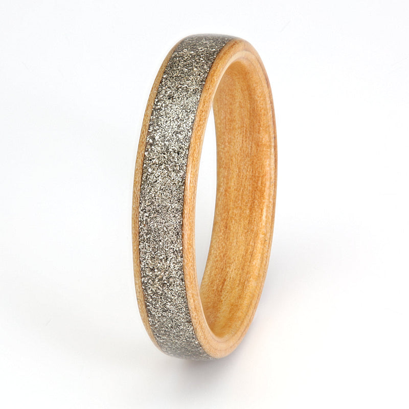 Apple wood alternative wedding ring with a wide centred inlay of white gold shavings | 4mm wide | by Eco Wood Rings UK