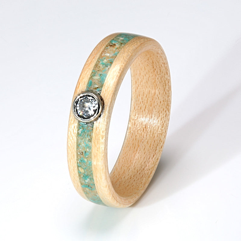 Non traditional engagement ring | Birch wood ring with a mixed inlay meeting at a moissanite in a white gold bezel