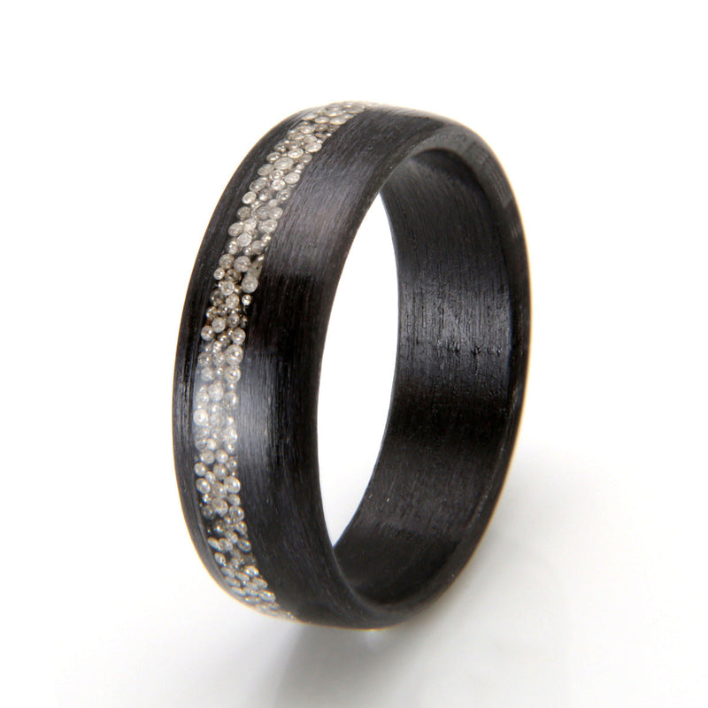 Black birch wooden wedding ring with an off centre inlay of silver beading | 5mm wide | by Eco Wood Rings