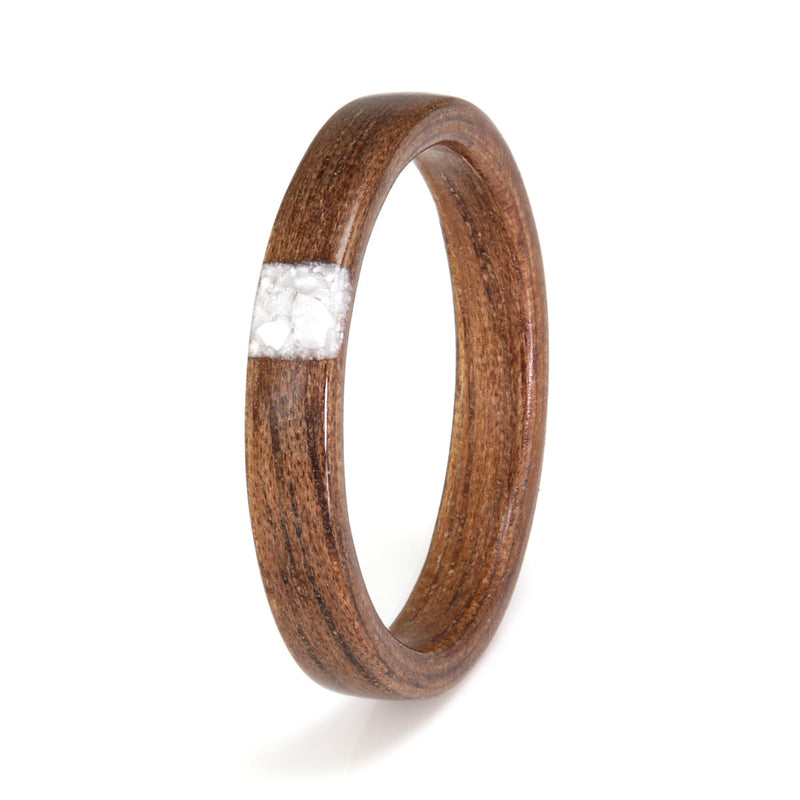 Alternative engagement ring made from black walnut wood, with a square inlay of mother of pearl | 3mm wide | Eco Wood Rings