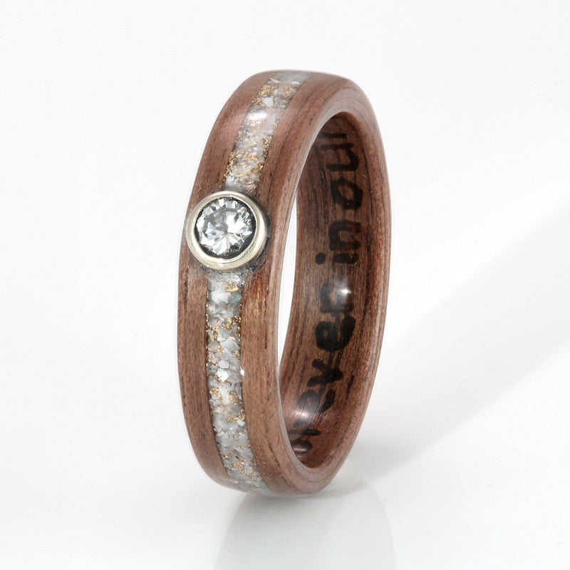 Ethical diamond engagement ring | Black walnut wood ring with an inlay of mixed mother of pearl, glass, and gold shavings