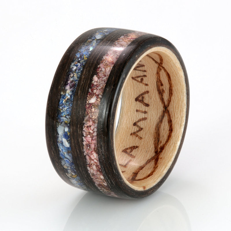 Wide custom wedding ring made from customer provided materials | Bogwood, maple, flower petals, gold shavings and more