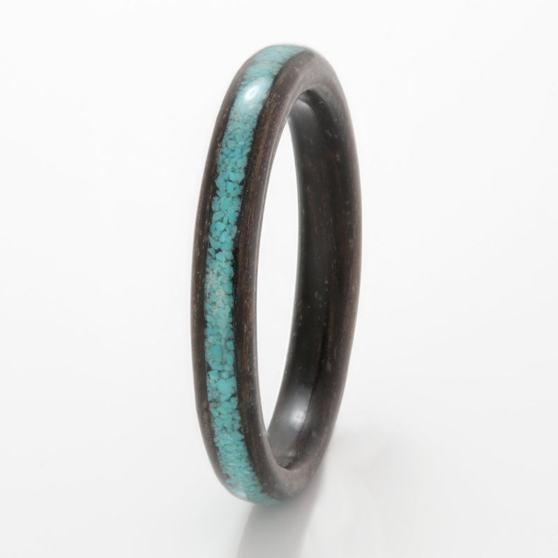 Simple promise ring | Bogwood ring with a centred inlay of turquoise | 3mm wide | by Eco Wood Rings UK