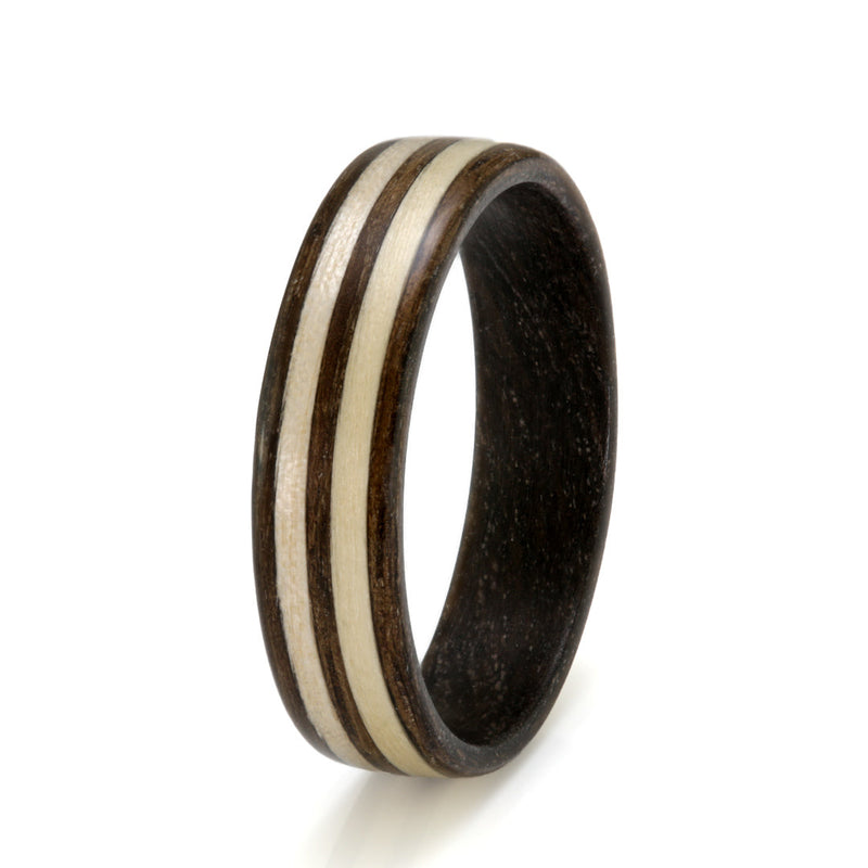 Wooden ring for men | Bogwood bentwood ring with parallel inlays of elder and birch wood | 6mm wide | by Eco Wood Rings