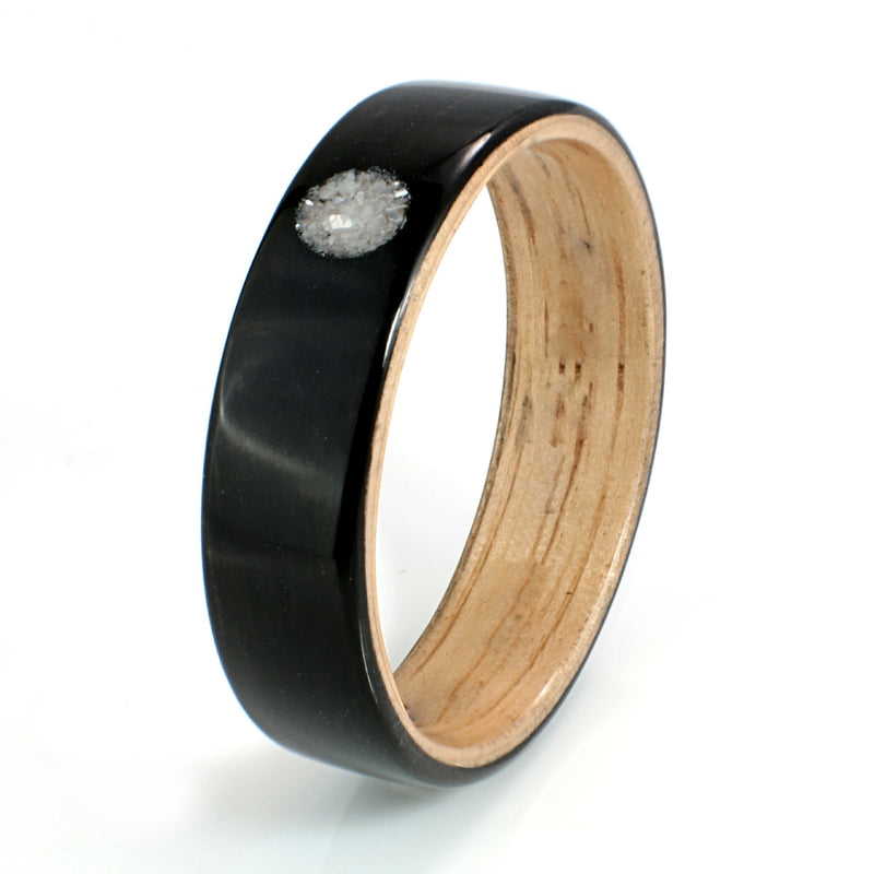 Non traditional engagement ring | Bogwood ring with an oak liner and a circular inlay of mother of pearl | by Eco Wood Rings