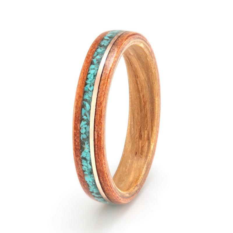 Californian redwood bentwood ring with an oak liner. Inlays of rose gold and mixed aquamarine and turquoise | Ethical ring