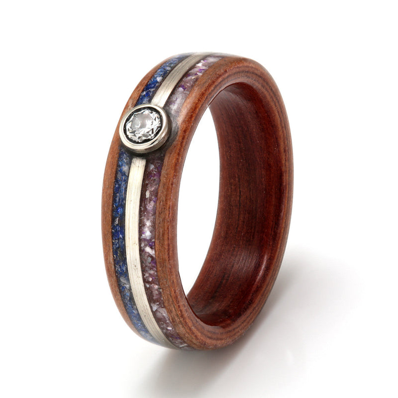 Wooden engagement ring | Californian redwood ring with inlays of amethyst, lapis lazuli, white gold and an ethical diamond