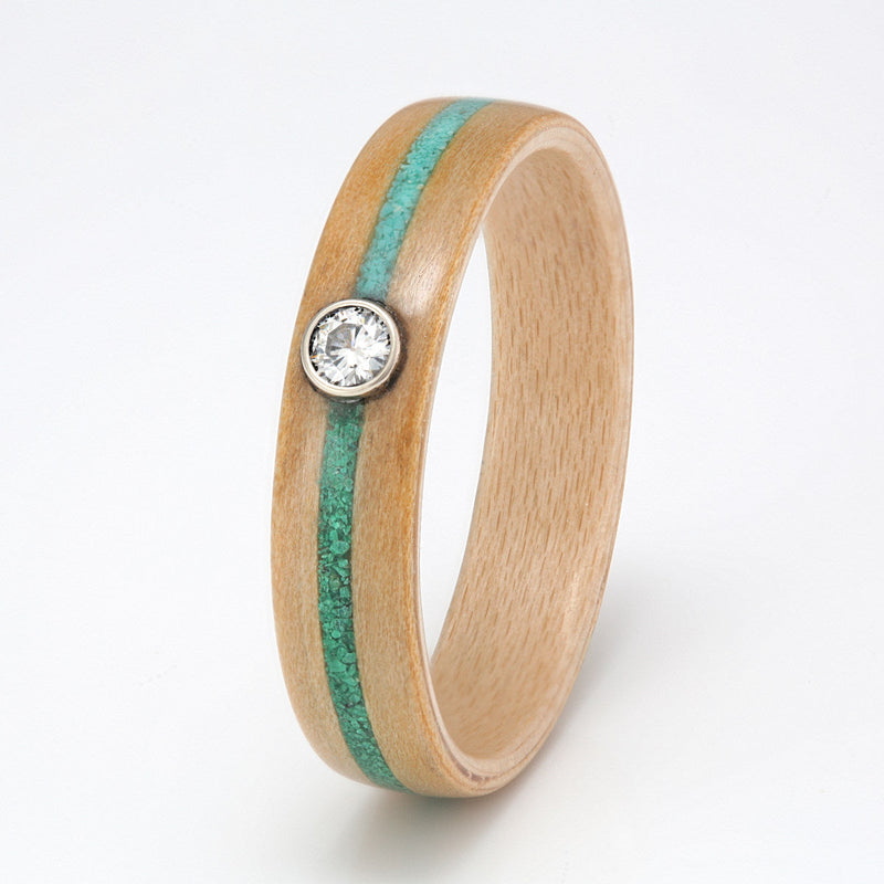 Affordable ethical engagement ring | Cedar wood ring with a maple liner, turquoise and malachite inlay and a round moissanite