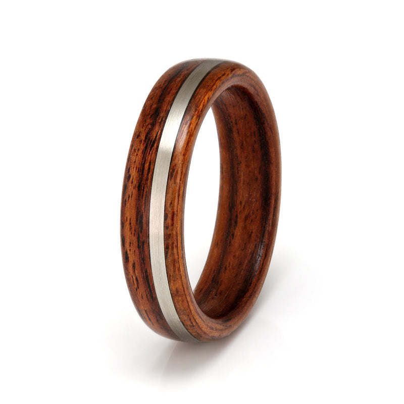 Natural wedding ring | 4mm wide cocobolo wood ring with 1mm wide off centred inlay of 9ct white gold | by Eco Wood Rings UK