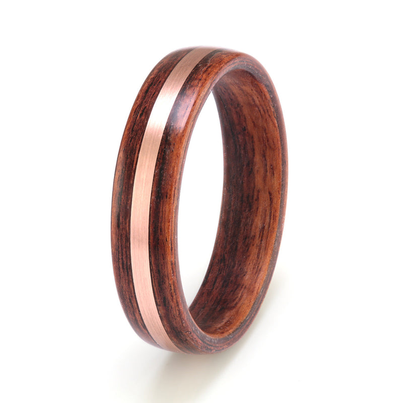 Ethical wedding ring | 5mm wide cocobolo wood ring with a 1mm wide centred inlay of 9ct rose gold | by Eco Wood Rings UK