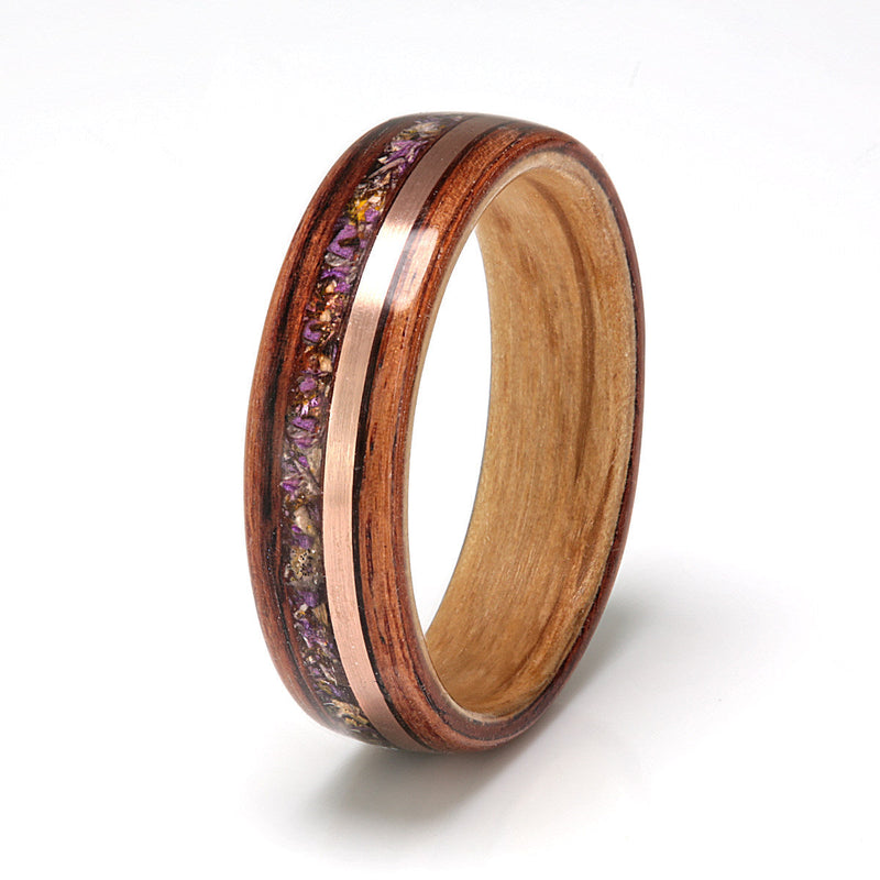 Wooden wedding ring | Cocobolo ring with an oak liner and inlays of rose gold and flower petals | 5mm wide ring