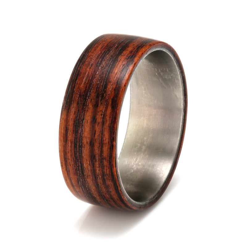 Wide wedding ring | 8mm wide cocobolo wood ring with a titanium liner | Cocobolo wood with lots of grain | by Eco Wood Rings