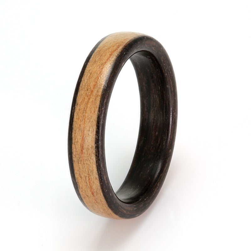 Simple wedding band | 4mm wide dark bogwood bentwood ring with a 3mm wide centred inlay of light bogwood | by Eco Wood Rings