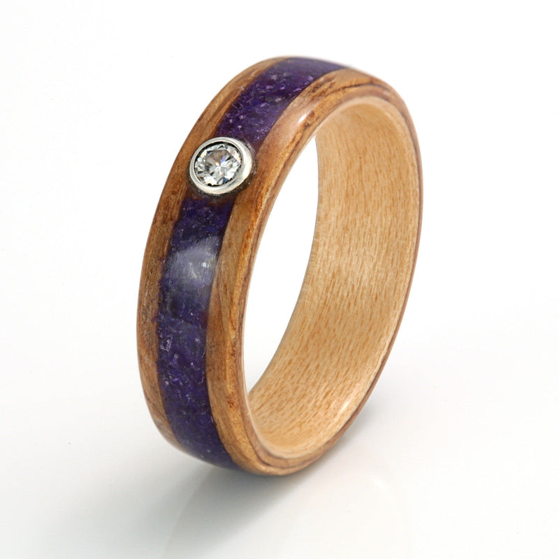 Oak Ring 6mm with Maple, Agate & Moissanite by Eco Wood Rings