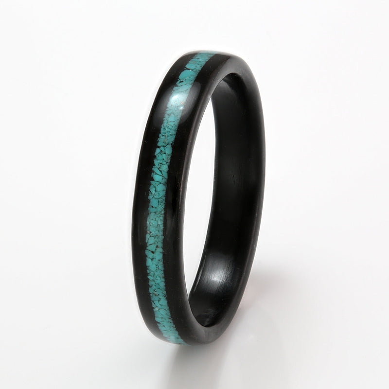 Birthstone ring | 4mm wide ebony bentwood ring with a centred inlay of turquoise | by Eco Wood Rings UK