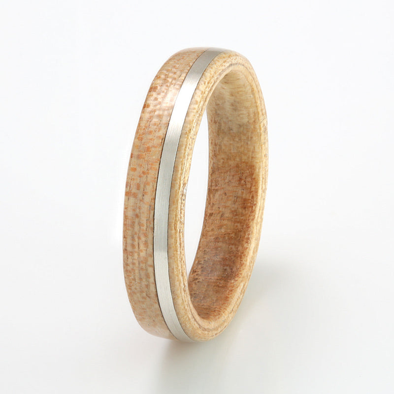 Wooden ring for women and men | 4mm wide elm wood ring with a 1mm off centre inlay of silver | by Eco Wood Rings UK
