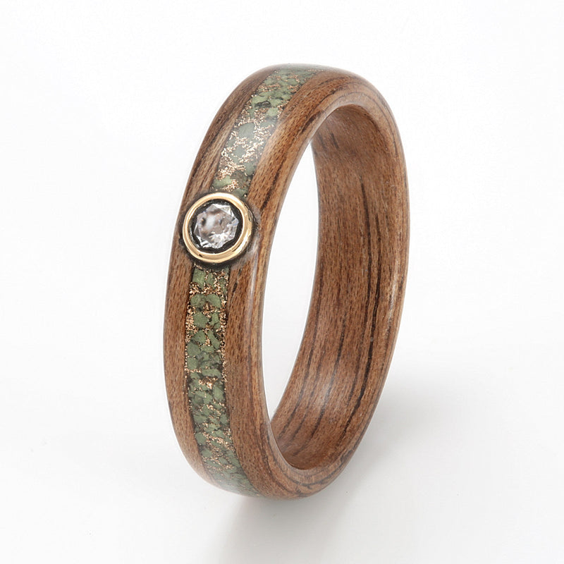 Walnut Ring 4mm with Volcanic Stone, Gold Shavings & Moissanite by Eco Wood Rings