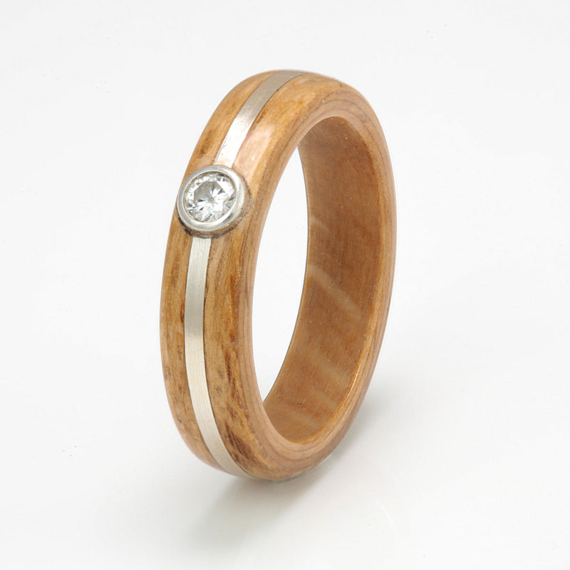 Oak Ring 4.5mm with Silver & Moissanite by Eco Wood Rings
