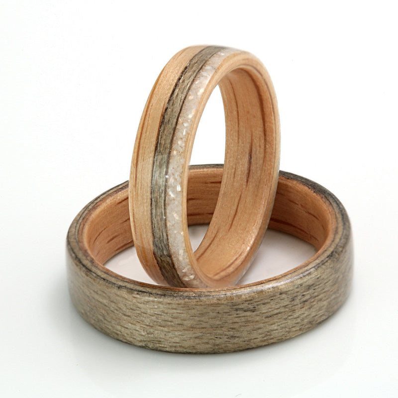 Oak, Greyed Maple & Mother of Pearl Set by Eco Wood Rings