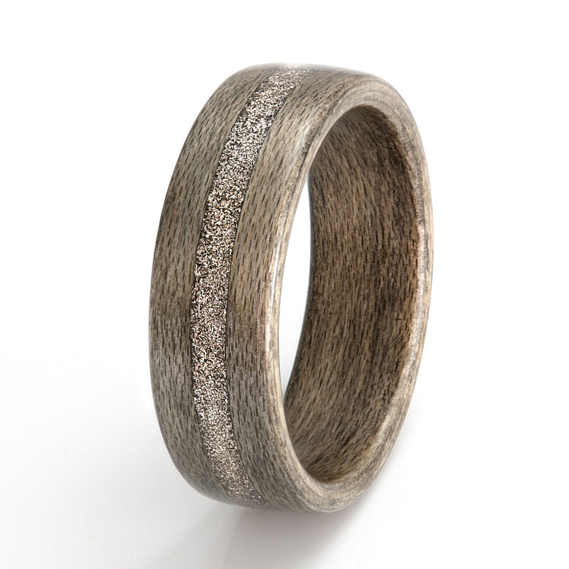 Alternative wedding ring for him | 7mm wide greyed maple wooden ring with a 2mm wide centred inlay of white gold shavings