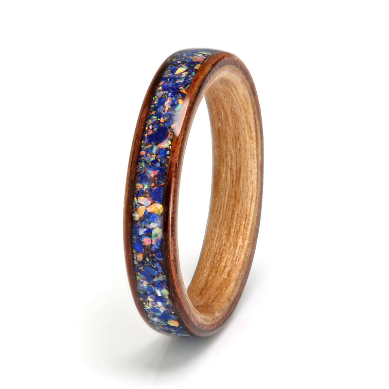 Wooden ring for her | 3mm wide Honduras rosewood ring with cherry wood liner and a centred inlay including sapphire and opal