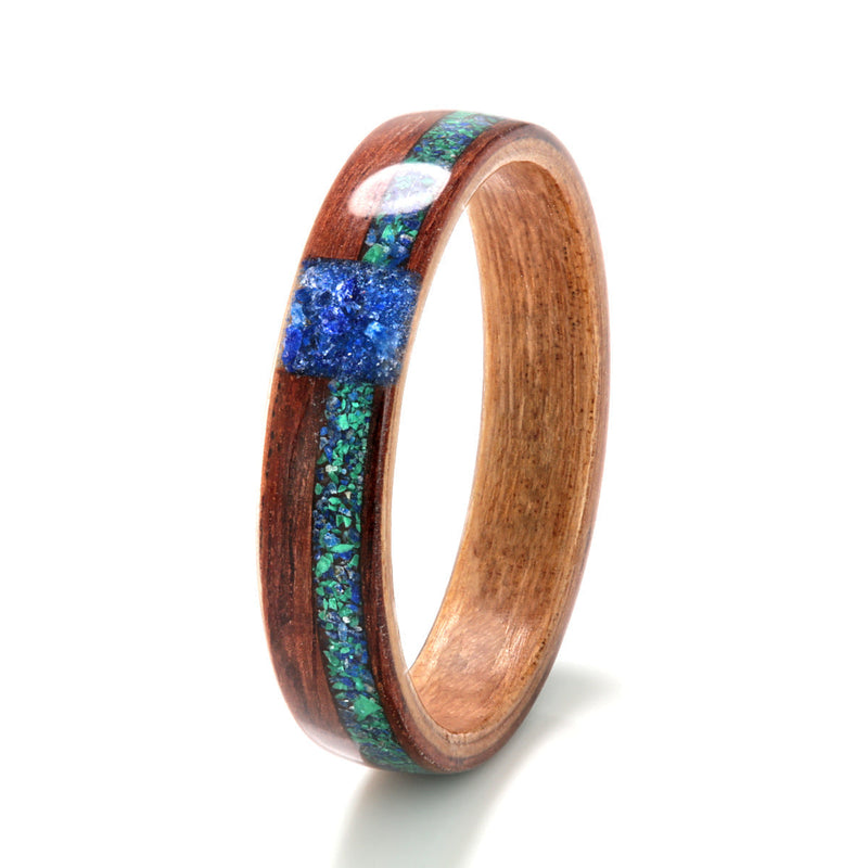 Birthstone engagement ring | Honduras rosewood with a cherry wood liner and mixed stone inlays | by Eco Wood Rings UK
