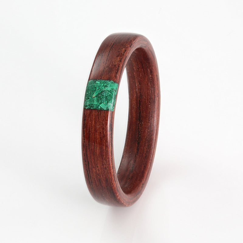 Unusual engagement ring | 4mm wide Honduras rosewood bentwood ring with a square inlay of malachite | by Eco Wood Rings UK