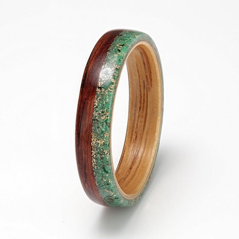 Alternative wedding ring | Honduras rosewood bentwood ring with an oak liner and off centre inlay of jade and yellow gold
