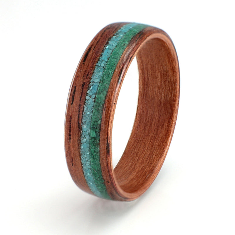 Earth, sea and sky ring | 6mm | Honduras rosewood ring with off centre inlays of turquoise and malachite | by Eco Wood Rings