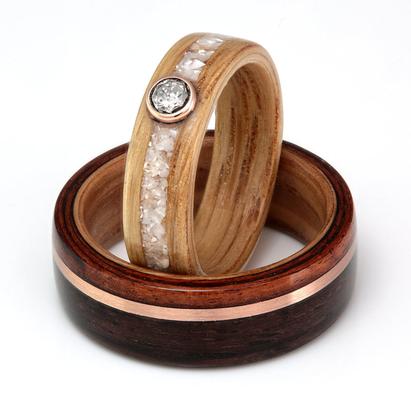 Wooden wedding ring set for men and women | by Eco Wood Rings UK | Oak ring with diamond paired with Indian rosewood ring