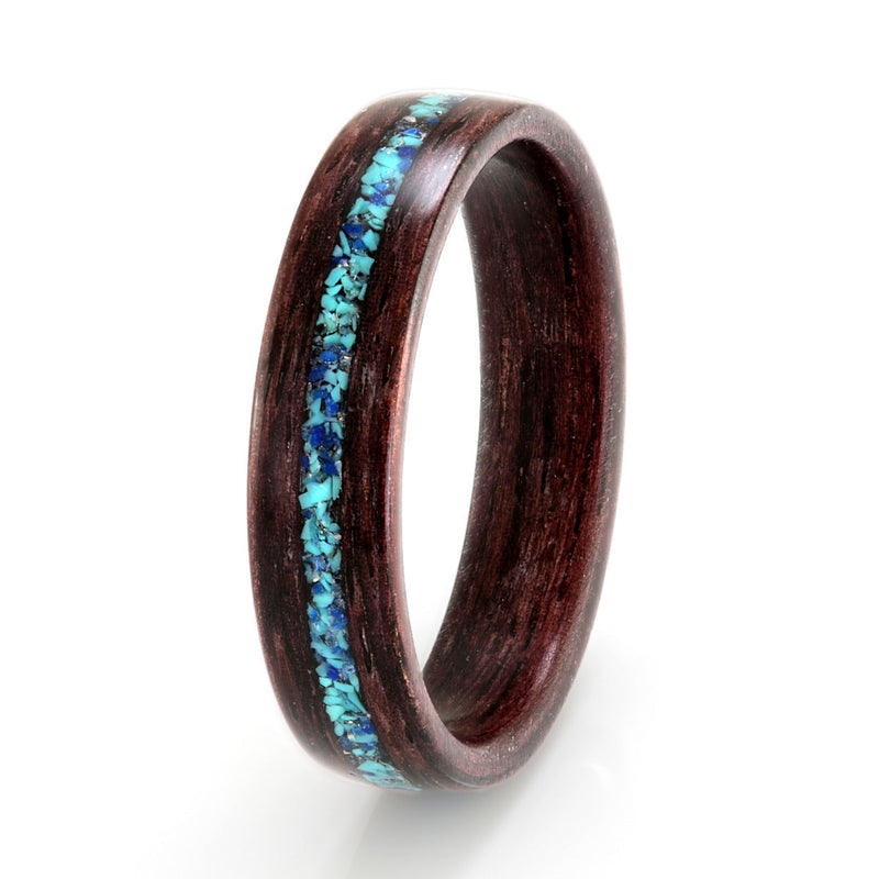 Personalised wedding ring | Indian rosewood ring with a centred inlay lapis lazuli, turquoise, sapphire and sea glass | 5mm