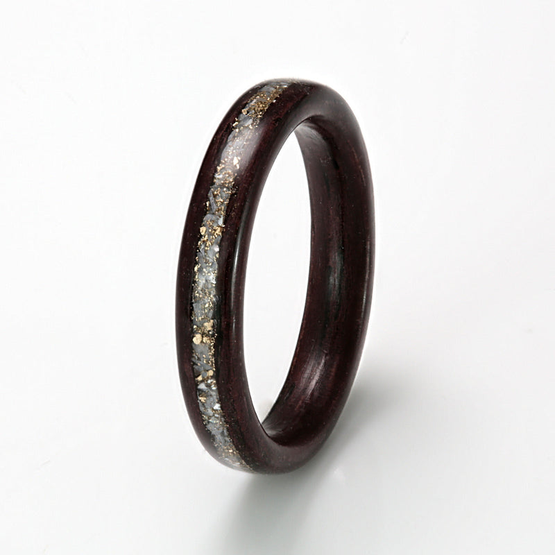Wooden engagement ring | Indian rosewood ring with a centred inlay of mother of pearl and gold shavings | 3mm wide ring