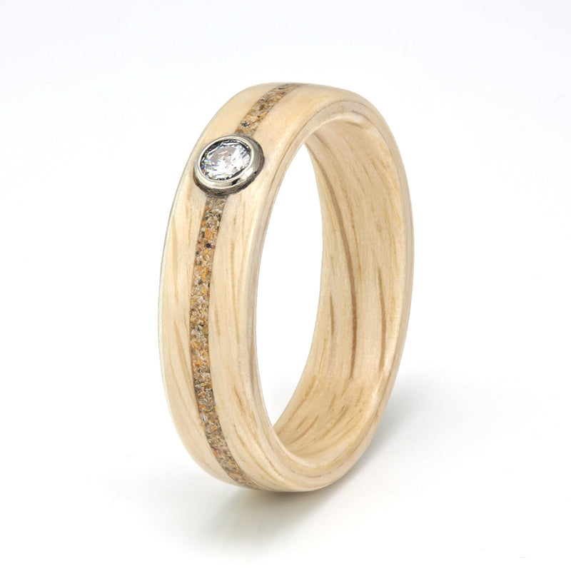 Oak Ring 4.5mm with Sand & Moissanite by Eco Wood Rings
