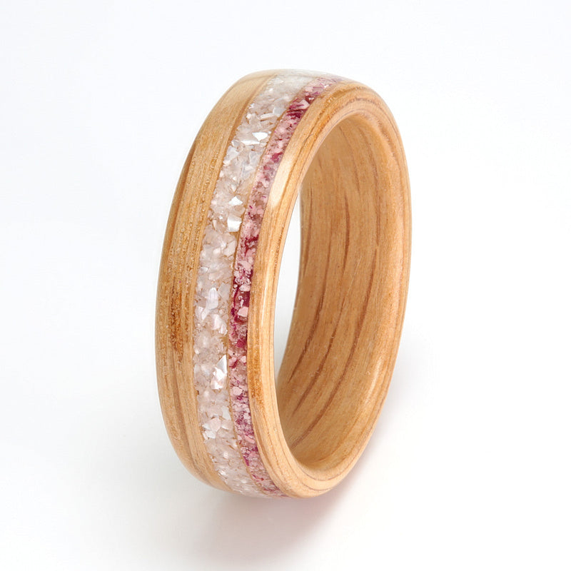 Oak Ring 6mm with Mother of Pearl, Rose Quartz & Petals by Eco Wood Rings