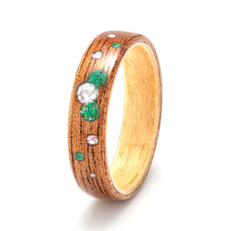 Mahogany with Hornbeam, Emerald, Malachite & Mother of Pearl by Eco Wood Rings