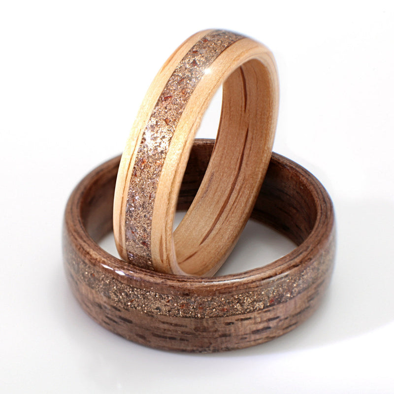 Oak, Walnut, Red Stone & Gold Shavings Set by Eco Wood Rings
