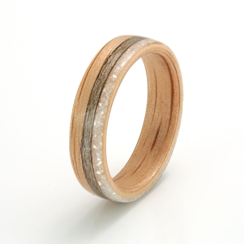 Oak Ring 4mm with Greyed Maple & Mother of Pearl by Eco Wood Rings
