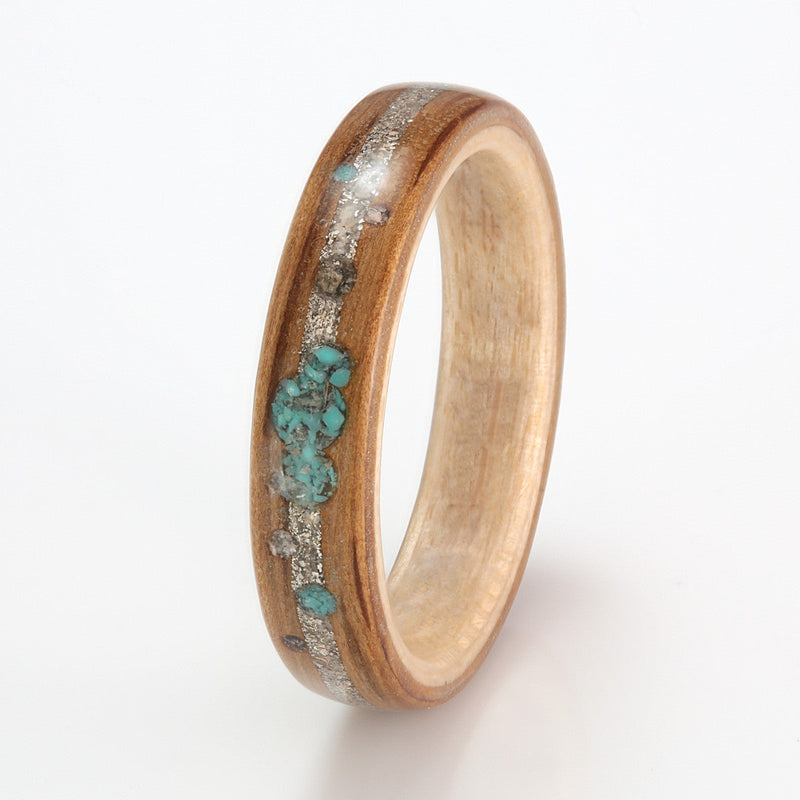 Oak with Maple, Turquoise, Smoky Quartz, Silver Shavings & Sand by Eco Wood Rings