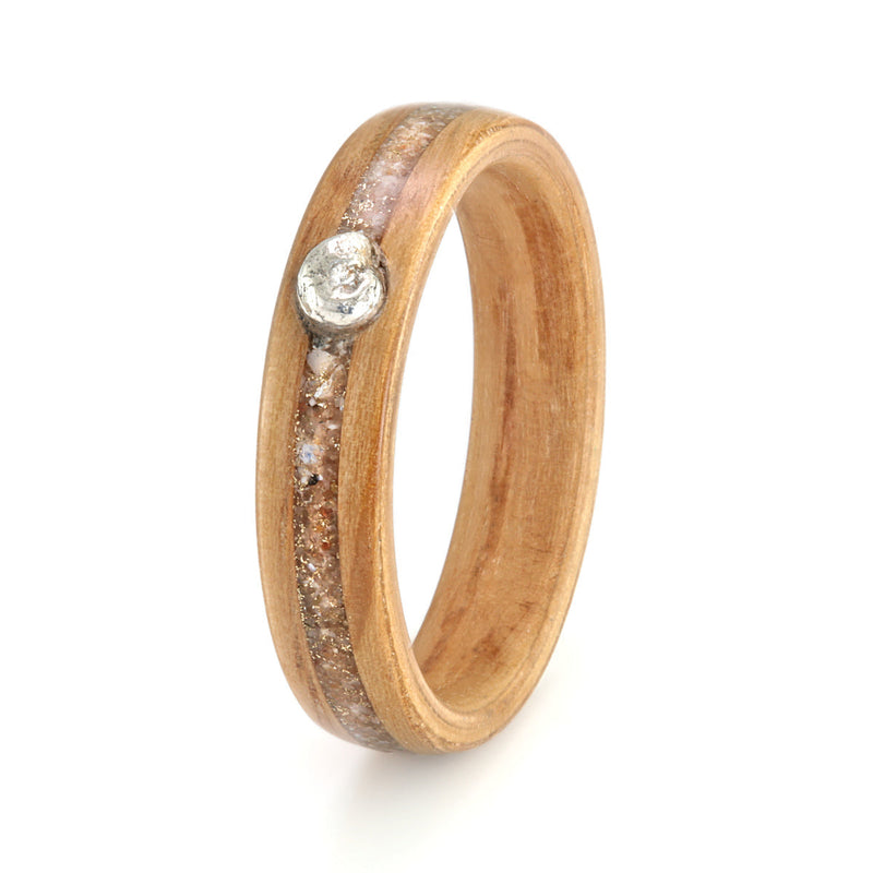 Oak with Sand, Mother of Pearl, Yellow Gold Shavings & Silver Ammonite by Eco Wood Rings