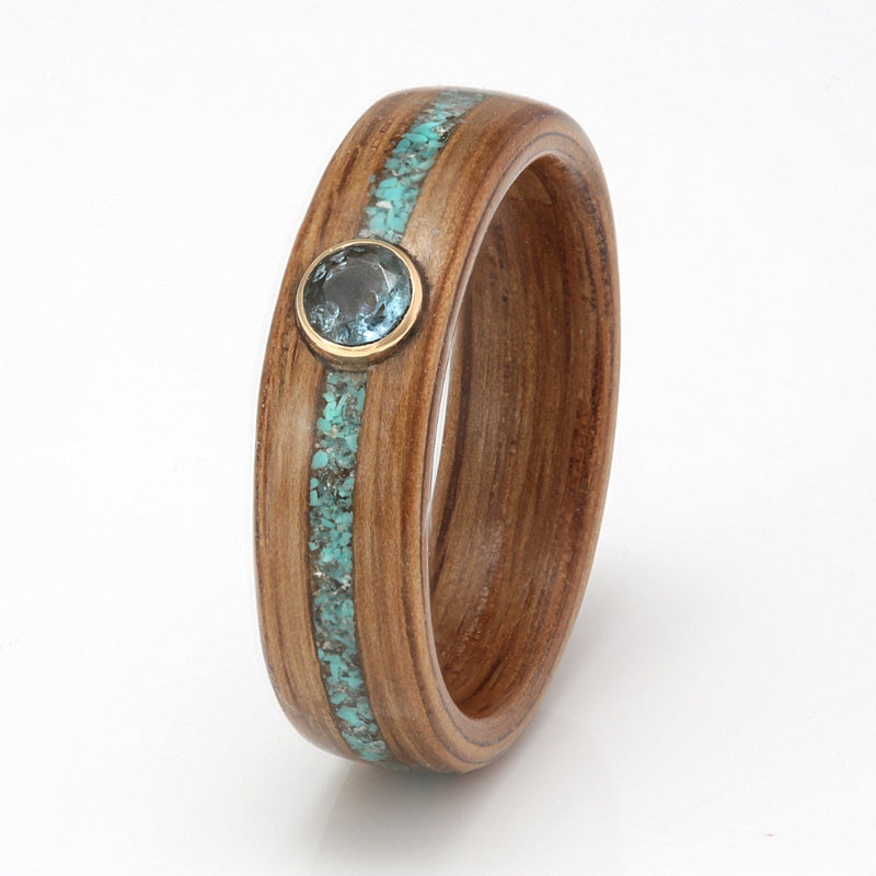 Oak Ring 5mm with Turquoise & Aquamarine by Eco Wood Rings
