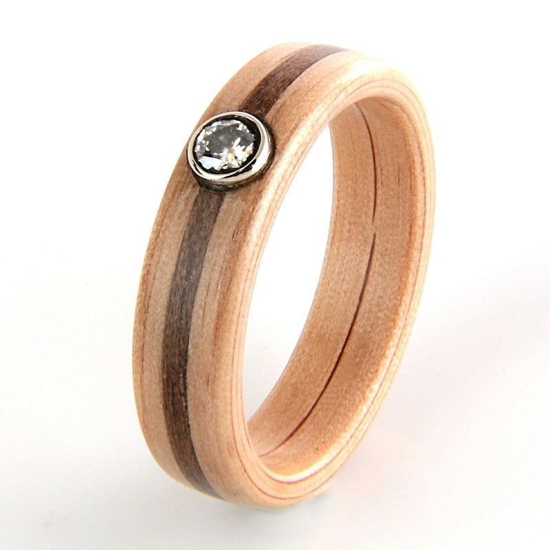 Oak Ring 5mm with Walnut & Moissanite by Eco Wood Rings