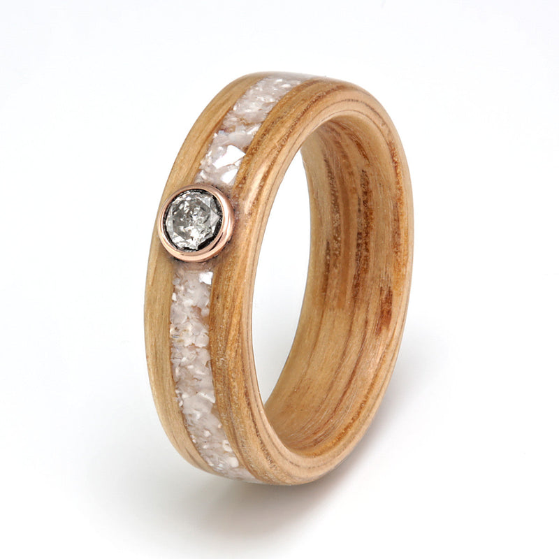Oak Ring 5mm with Mother of Pearl & Moissanite by Eco Wood Rings
