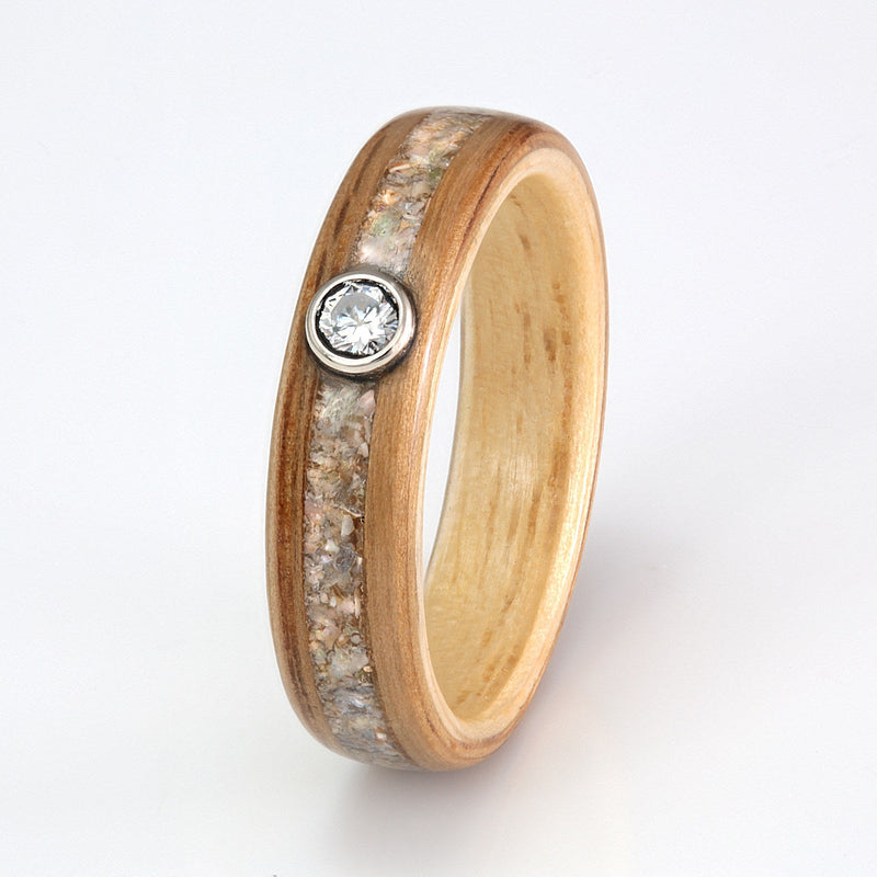 Oak with Ash, Shell, Sea Glass & Moissanite by Eco Wood Rings