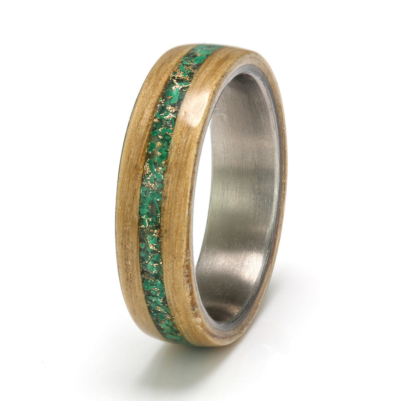 Oak Ring 5mm with Titanium, Labradorite, Malachite & Gold Shavings by Eco Wood Rings