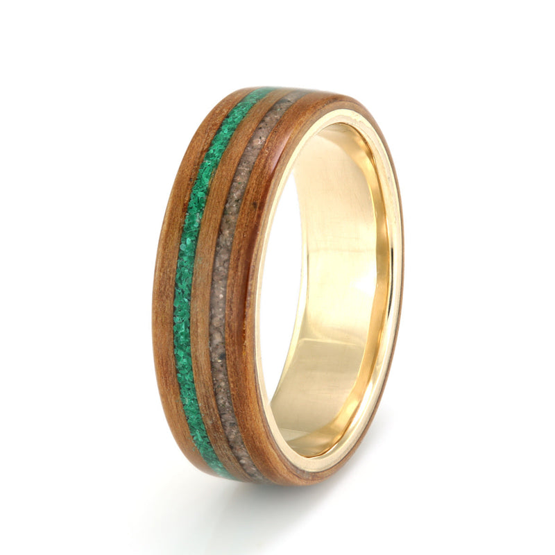 Oak with 10ct Yellow Gold, Pebble & Malachite by Eco Wood Rings