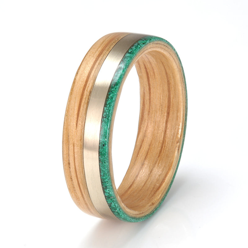 Oak Ring 6mm with White Gold & Malachite by Eco Wood Rings