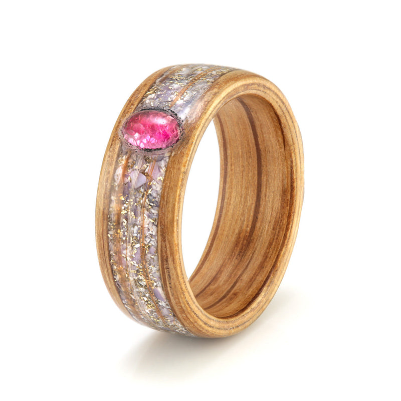 Oak with Mixed Inlay & Pink Tourmaline by Eco Wood Rings