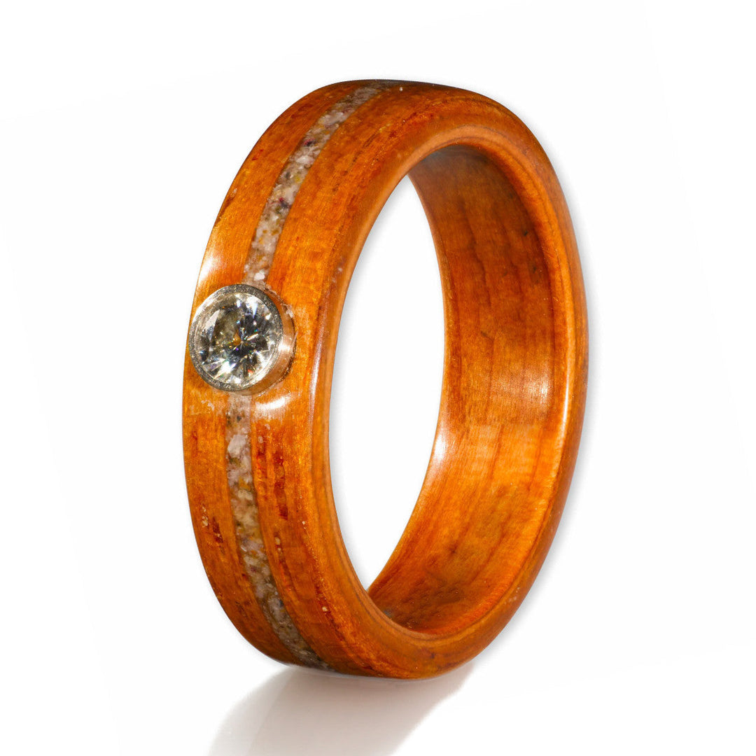 Eco Wood Rings Opepi Teak Wood Ring with Yew Sand Shell Moissanite