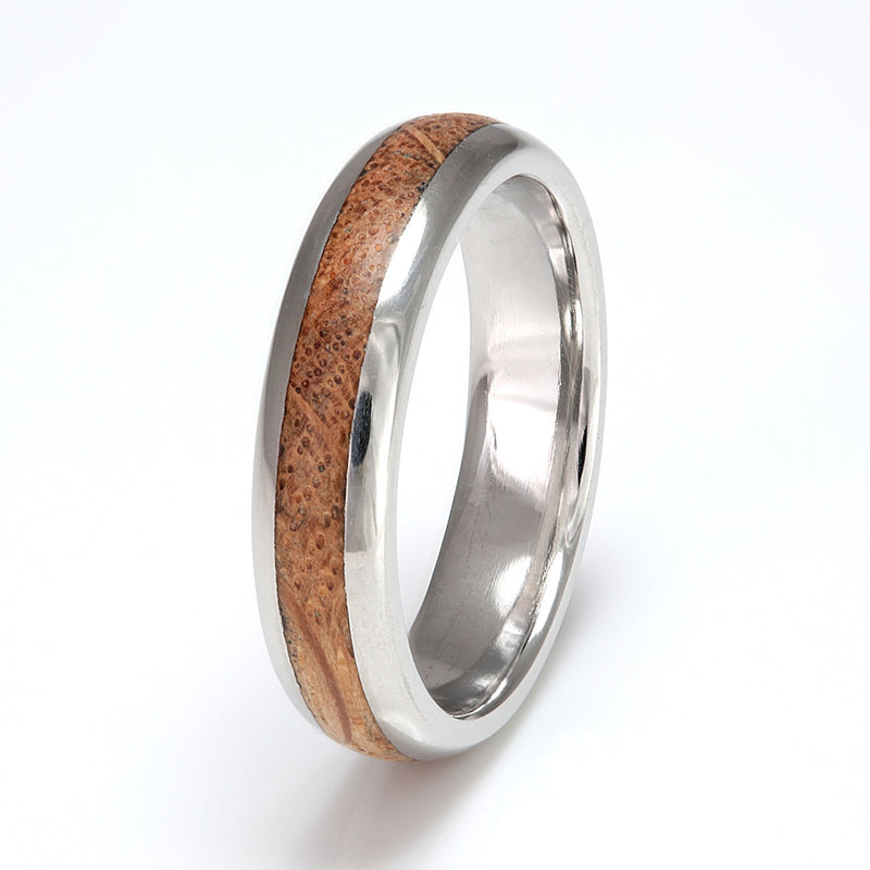Platinum wedding ring | 5mm wide rounded edge platinum wedding band with a centred inlay of oak | by Eco Wood Rings UK